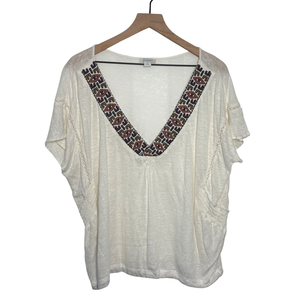 Sundance Top White Boho Embroidered V-Neck Linen Dolman Sleeve Medium